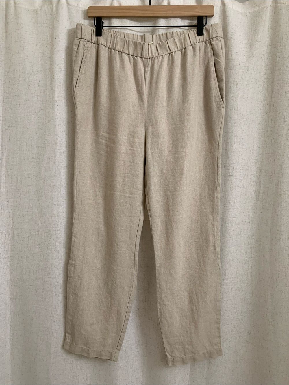 Eileen Fisher 100% Organic Linen Light Beige Elastic-Waist Pants Undyed Natural - Picture 2 of 10